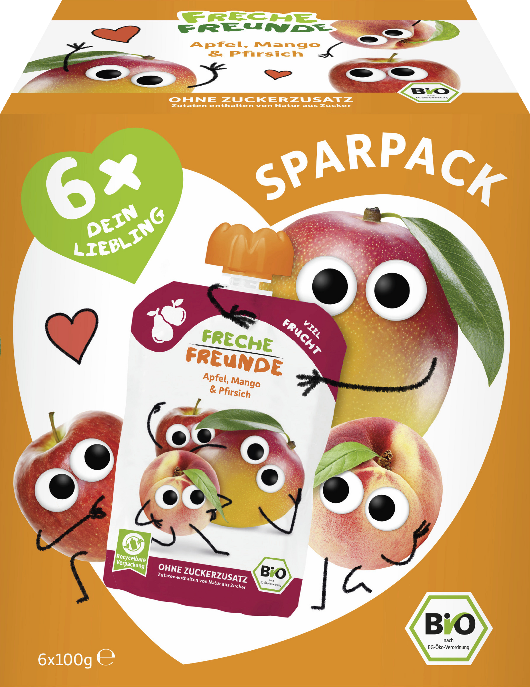 Freche Freunde Organic Squeezable Pouches Apple, Mango & Peach 6-Pack 600g
