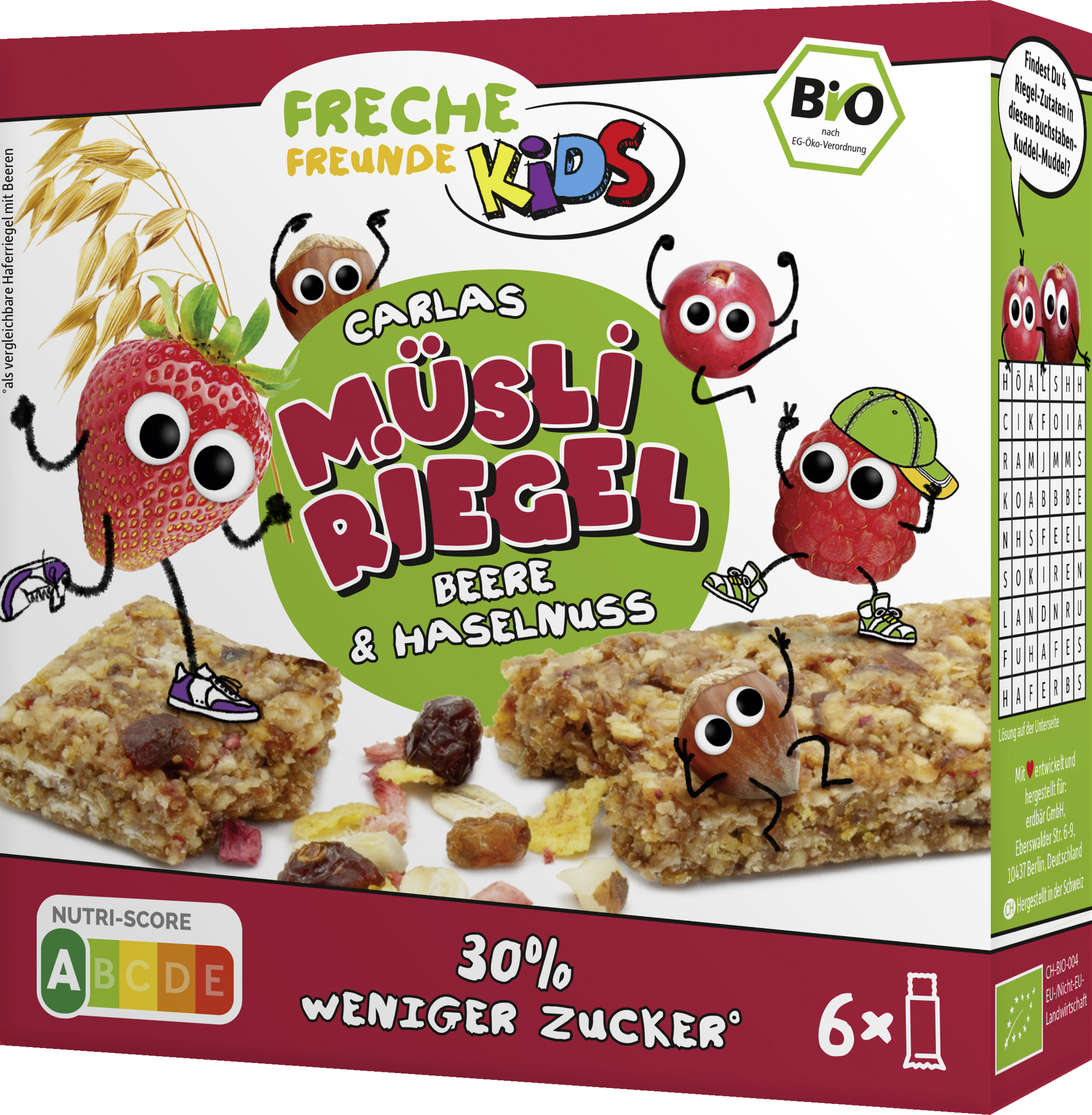 Freche Freunde Kids Carla's Organic Muesli Bars (6x26g) Berry & Hazelnut