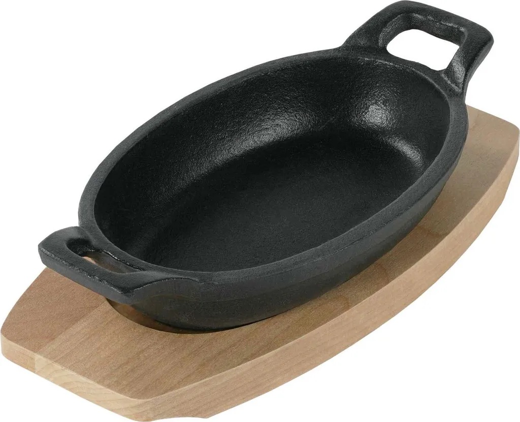 Freyersbacher® Small Cast Iron Oval Pan 14x9 cm, Enamel Serving Pan | With Board and Cloth