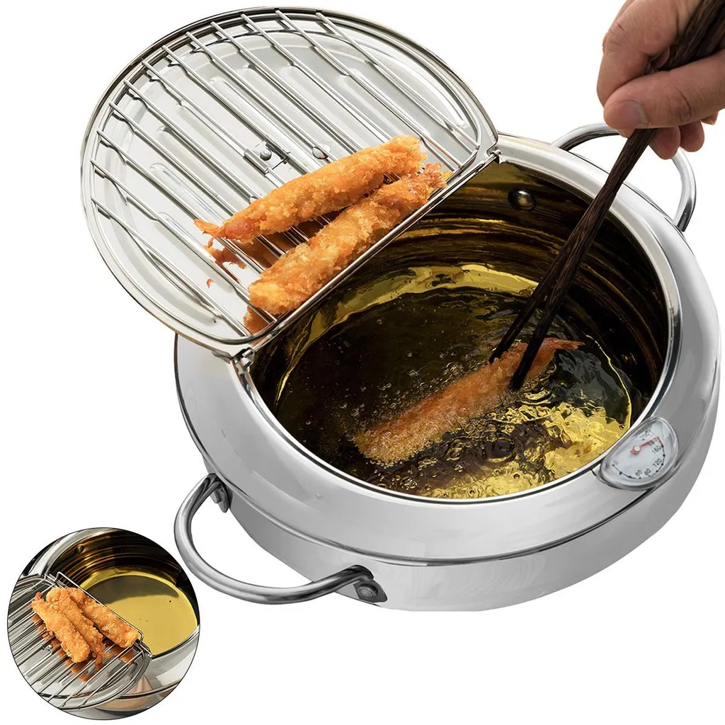 Dopwii Japanese-style deep fryer, frying pot, Japanese tempura fryer pot with thermometer and lid, Japanese stainless steel frying pot (20cm)