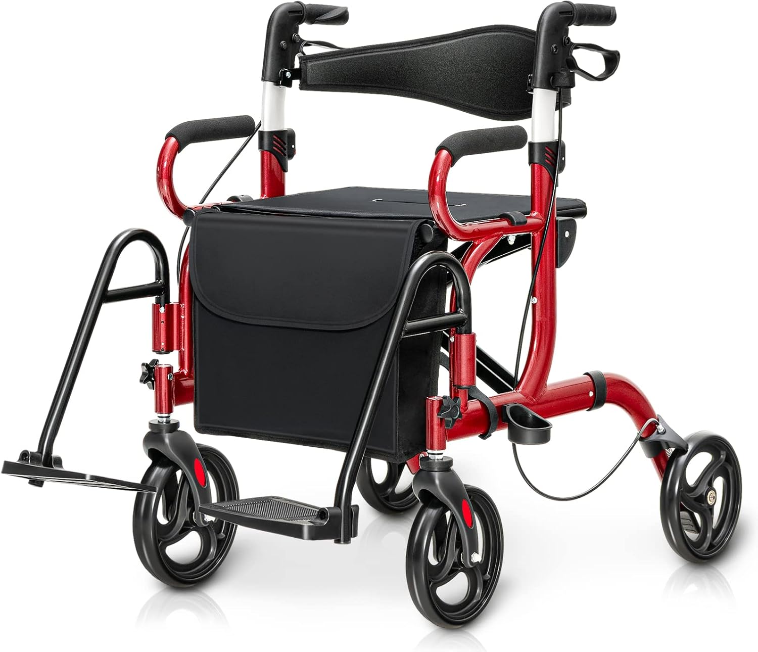 RELAX4LIFE 2-in-1 Foldable and Lightweight Rollator with Seat, 6-Way Height Adjustable, Lightweight Aluminum Travel Rollator, Walking Aid with Rubber Tires, Bag, Cane Holder (Red)