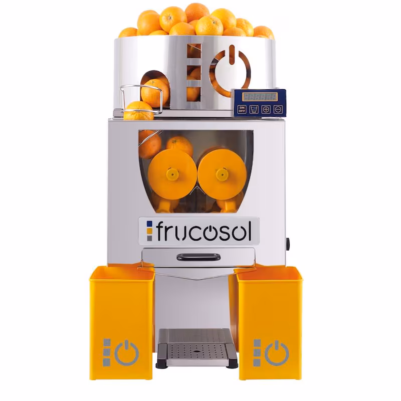 Frucosol electric orange press F50AC for 20-25 oranges/min with automatic feed, 12kg fruit capacity and counter, stainless steel juicer