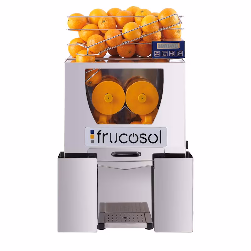 Frucosol electric orange press F50C for 20-25 oranges/min. with 7 fruit feeders and digital counter, stainless steel juicer