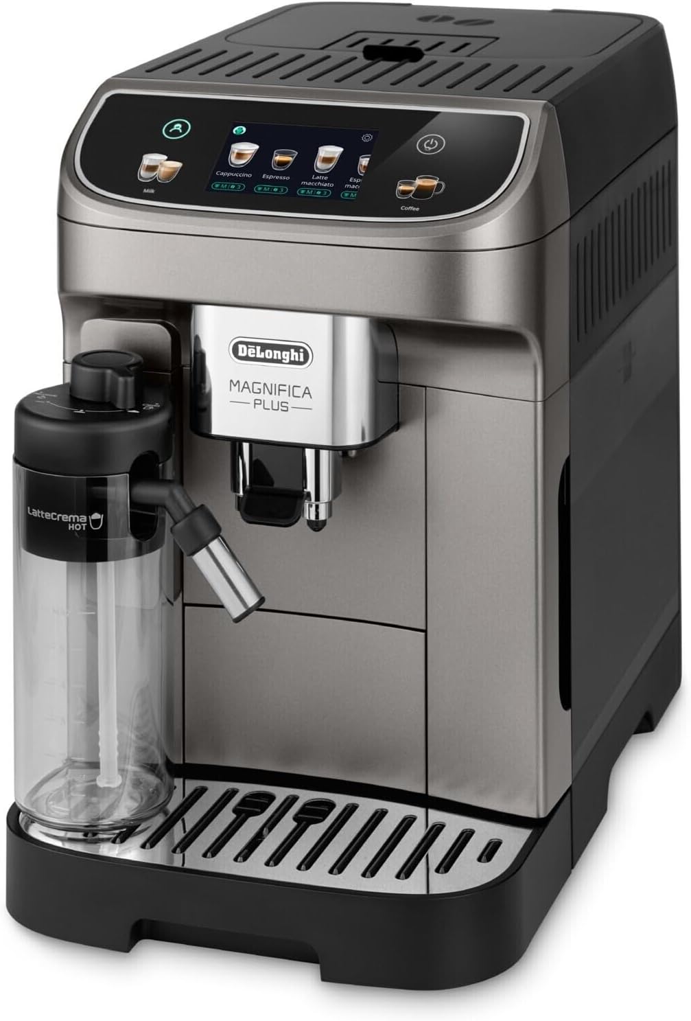 De\'Longhi Magnifica Plus ECAM320.70.SB, Automatic Coffee Machine with LatteCrema Hot for Automatic Cappuccino, Colored Touch Display, Extra Shot Function, x2 Function, Titanium Black