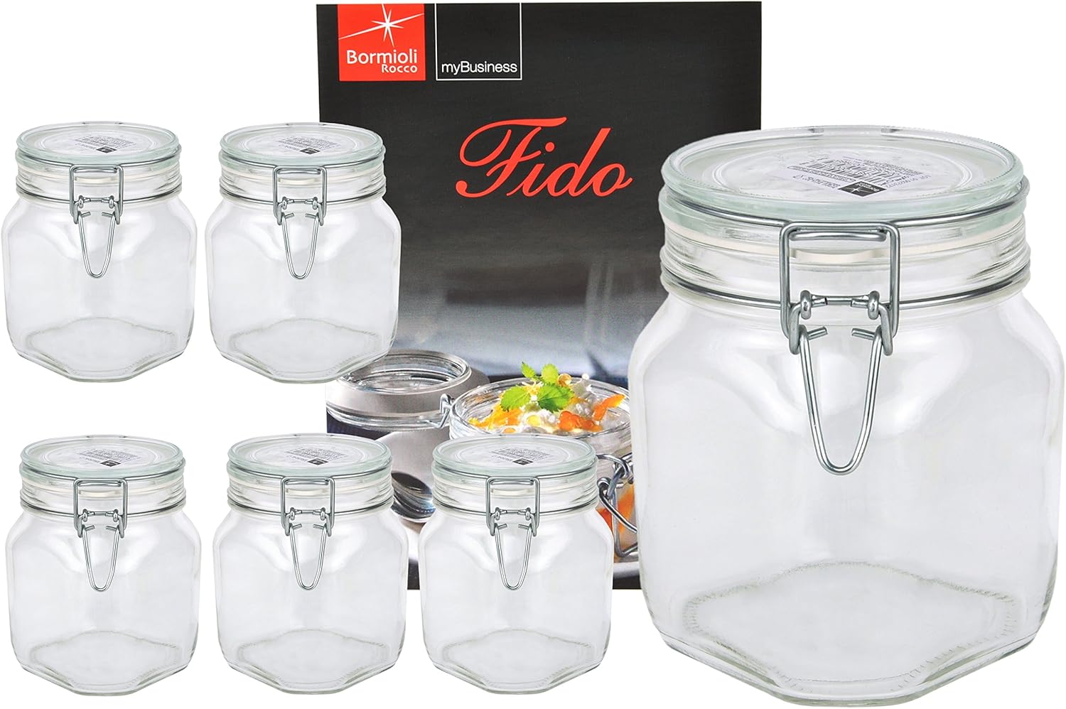 Original Fido Preserving Jars Set of 6 Swing Top 0.75 L Includes Bormioli Recipe booklet (English language not guaranteed)