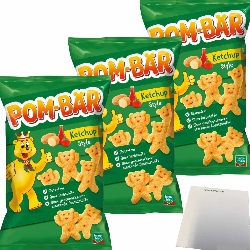 Funny Frisch Pom-Bär Ketchup Potato Snack Gluten-Free 3-Pack (3 x 75g Pack) + usy Block