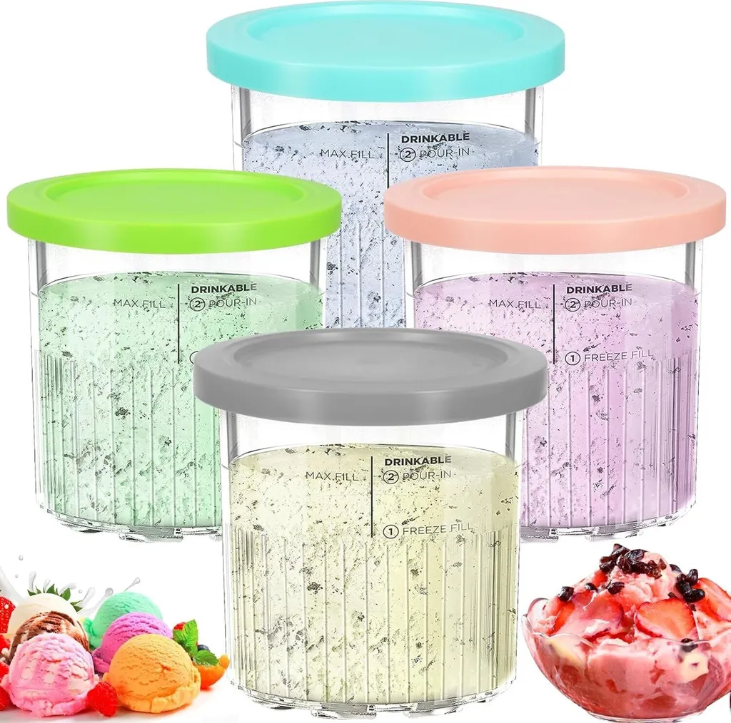 For Ninja Creami Deluxe Containers NC501EU 4-pack Ice Cream Machine Containers, Creami Pint Containers with Lids, Dishwasher Safe (Grey/Pink/Blue/Green)