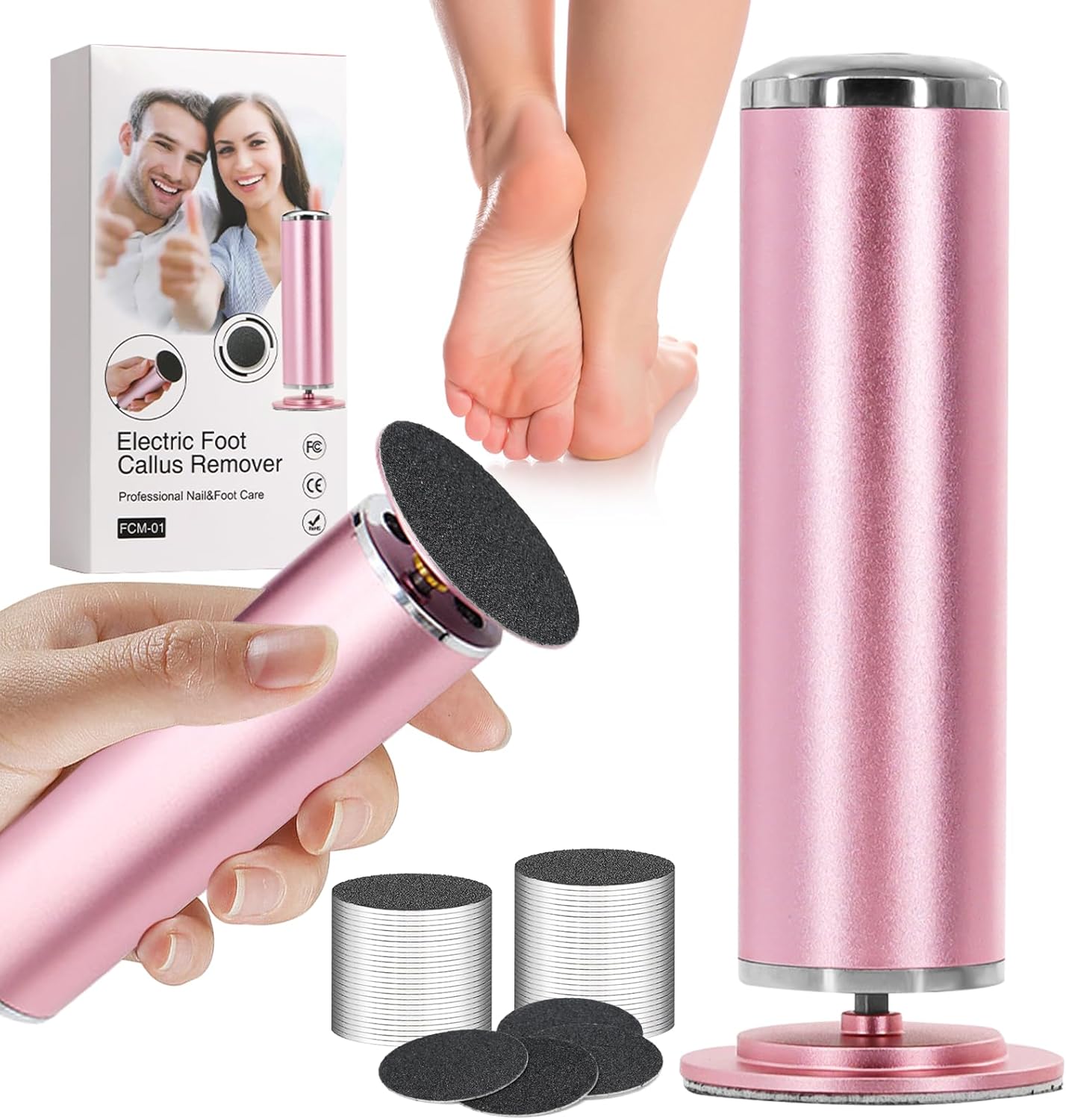 Electric Callus Remover for Feet - Electric Callus Removal Foot Electric with 60 Replacement Sandpaper, Pedicure Foot File Adjustable Speed ​​for Dead Skin (Pink)