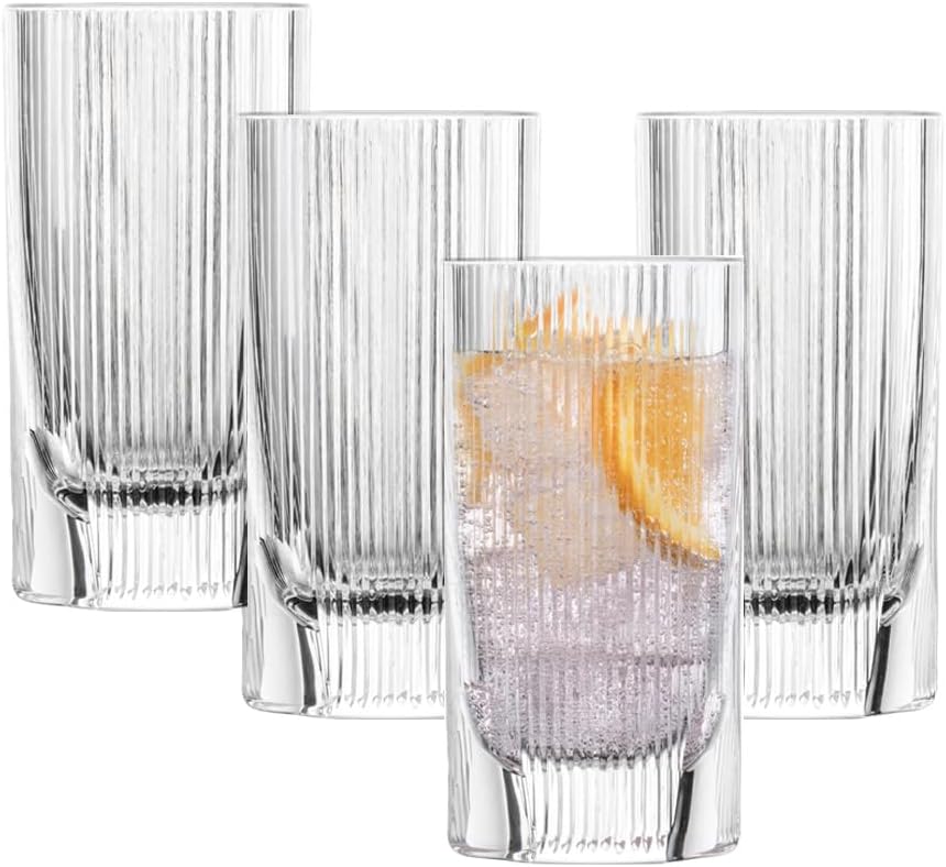 Schott Zwiesel Fave Long Drink Glass (Set of 4), Modern Drinking Glass for Long Drinks with Groove Relief and Cut Outs, Dishwasher-Safe Crystal Glasses (Item No. 124305)