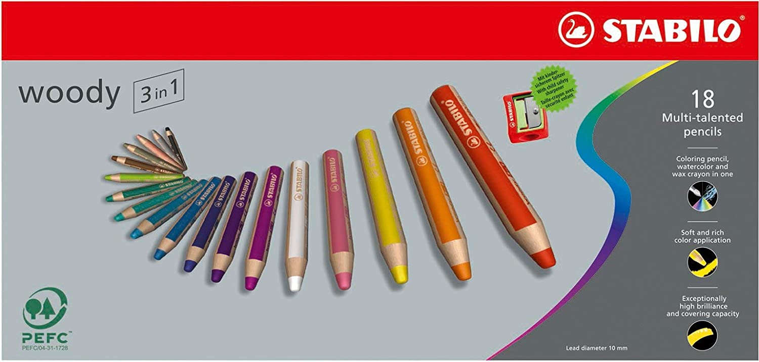 Stabilo Woody 3-in-1 Coloured Pencil, Watercolour and Wax Crayon, multicolo