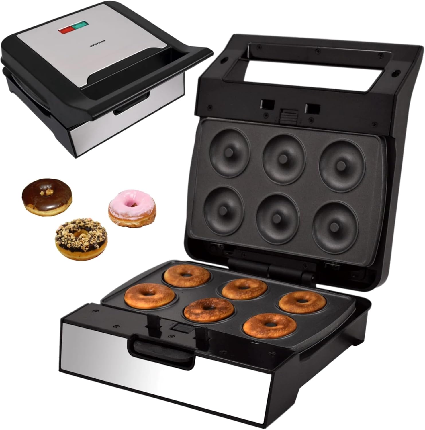 Syntrox Donut Maker with Removable Plates, Stainless Steel, Quick Heating, Non-Stick Coating, Various Removable Plates, Multifunctional Device
