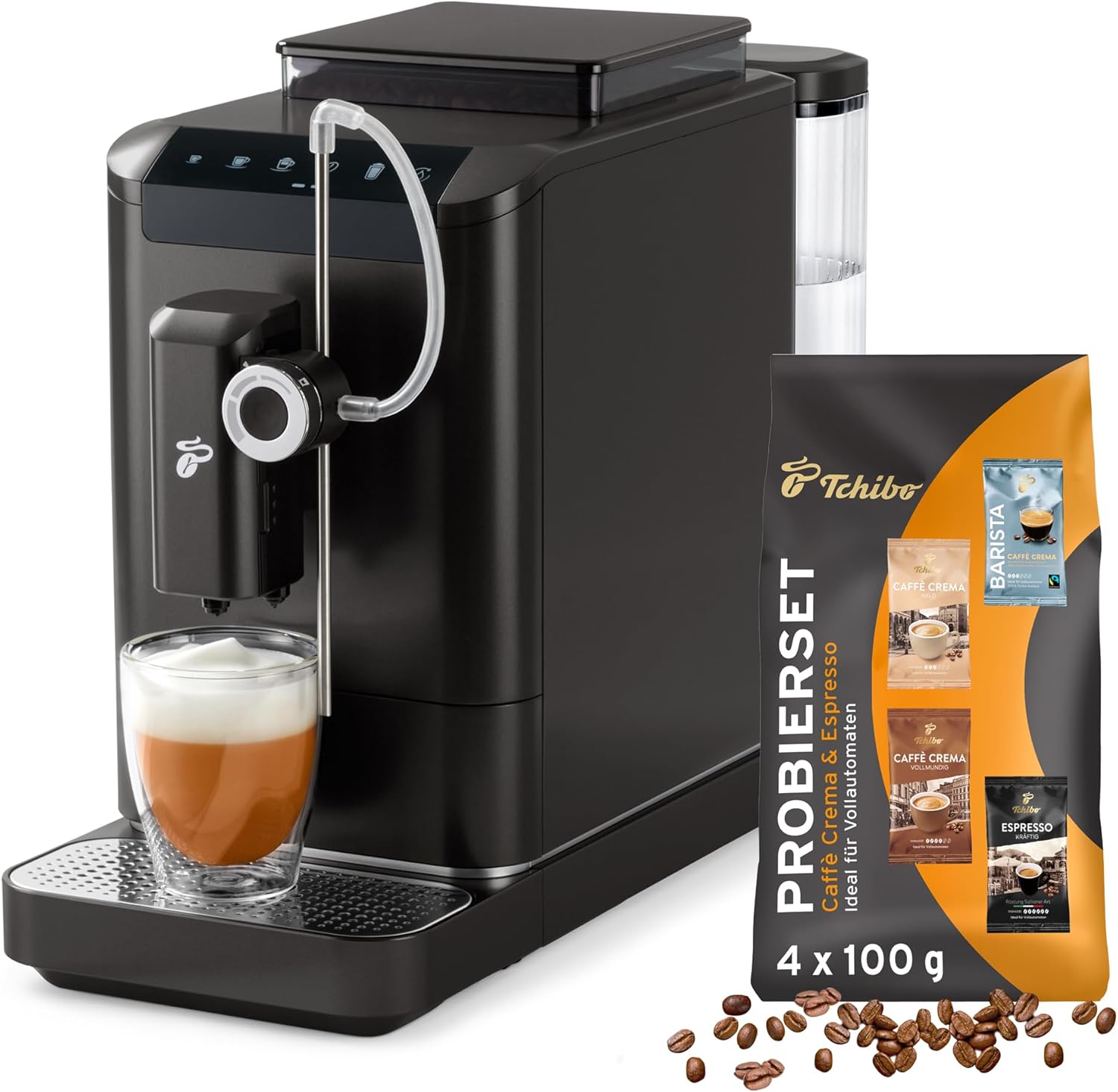 Tchibo Esperto2 Milk Fully Automatic Coffee Machine with One-Touch Milk Function and 2 Cup Function for Espresso, Caffè Crema, Cappuccino and Milk Foam, Granite Black - Includes Coffee Tasting Set