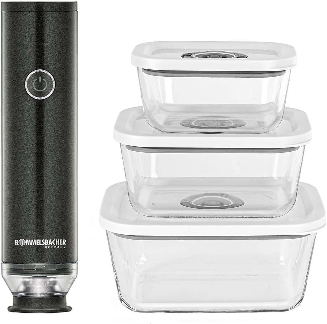 ROMMELSBACHER Hand Vacuum Sealer Set VAC 253/S, Vacuuming in Seconds, One-Hand Operation, Powerful, Durable Battery, Charging via USB, Includes 8 Zip Bags, 3 Vacuum Glass Containers