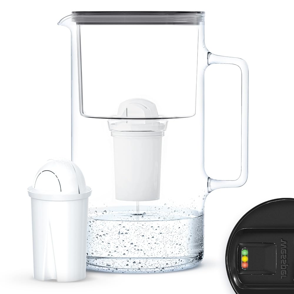 Wessper Glass Water Filter Jug 3 L with Manual Filter Wear Indicator Replacement for Aquaphor Standard, Brita Classic, Dafi Classic Filter Cartridge, Water Filter Jug + 1 Cartridge, Black