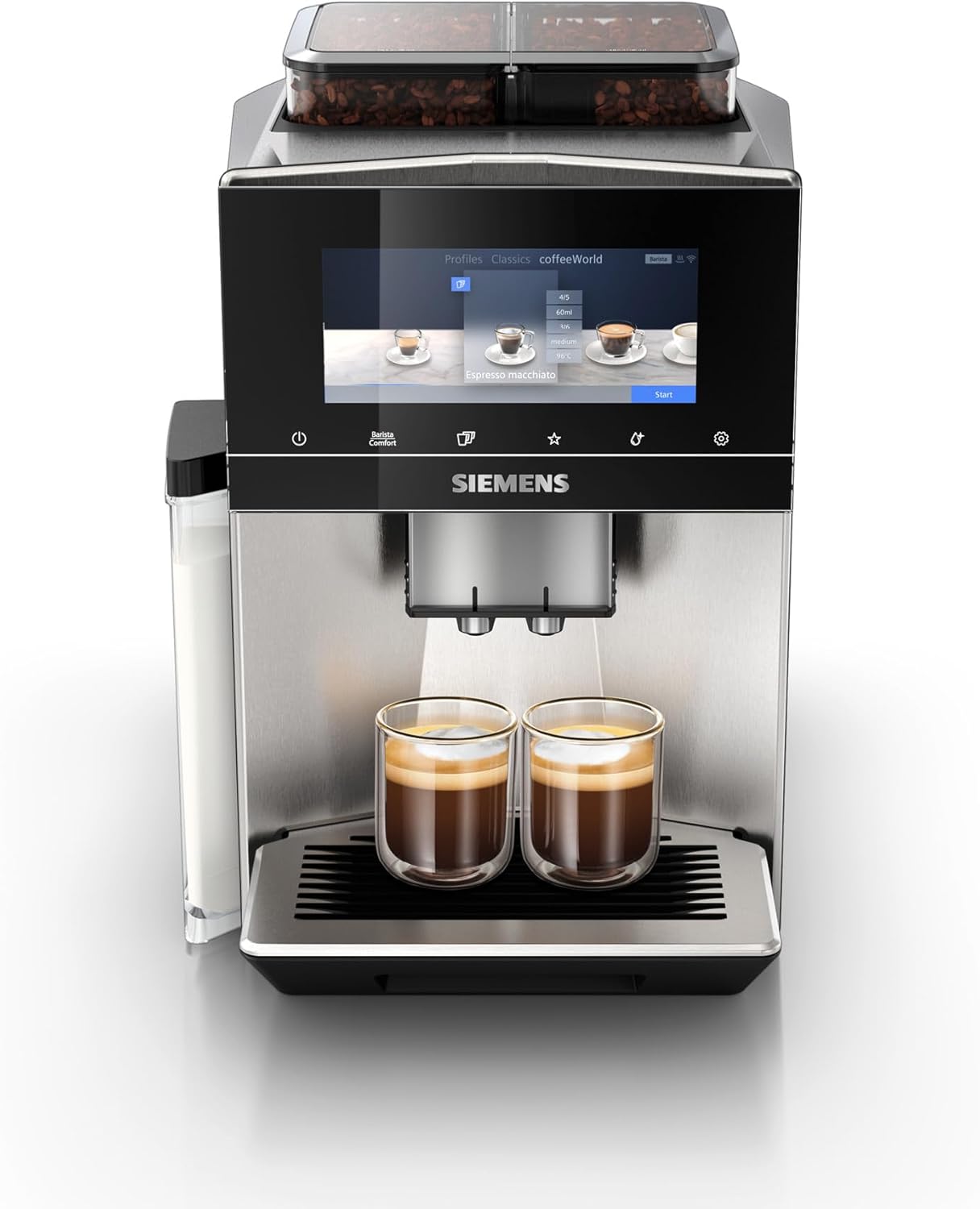 Siemens EQ900 Fully Automatic Coffee Machine, Large Colored TFT Display, 2 Bean Containers, 36 Hot and Cold Drinks, Cold Brew, Super Quiet, Double Cup Function, App Control, Stainless Steel, TQ907D03