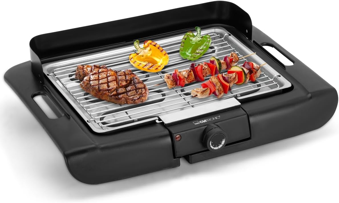 Clatronic BQ 3841 Barbecue Table Grill, Electric Grill Ideal for Balcony and Kitchen, Electric Grill with Wind Protection, Grill with Chrome-Plated Grill Grate, Table Grill with Cool Touch Housing
