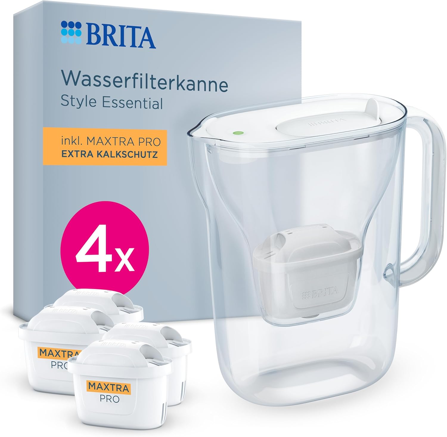 BRITA Style Essential Water Filter Jug White (2.4 L) Including 4x Brita Maxtra Pro Extra Limescale Protection - Refrigerator-Safe Filter Jug with Smart Light LED & Folding Lid, Filters Impurities