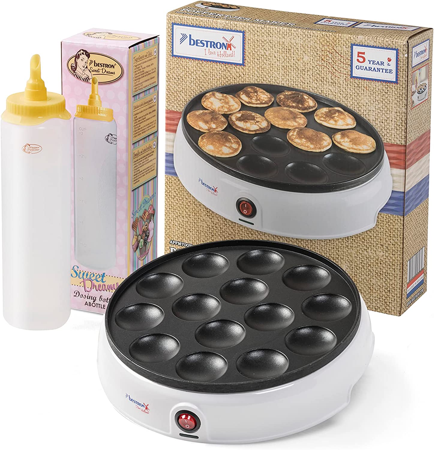 Bestron Poffertjesmaker Value Pack with Dough Bottle for 700 ml, Ideal for festive, Easter or Children\'s Birthdays, Retro Design, 800 Watt, Colour: White/Yellow