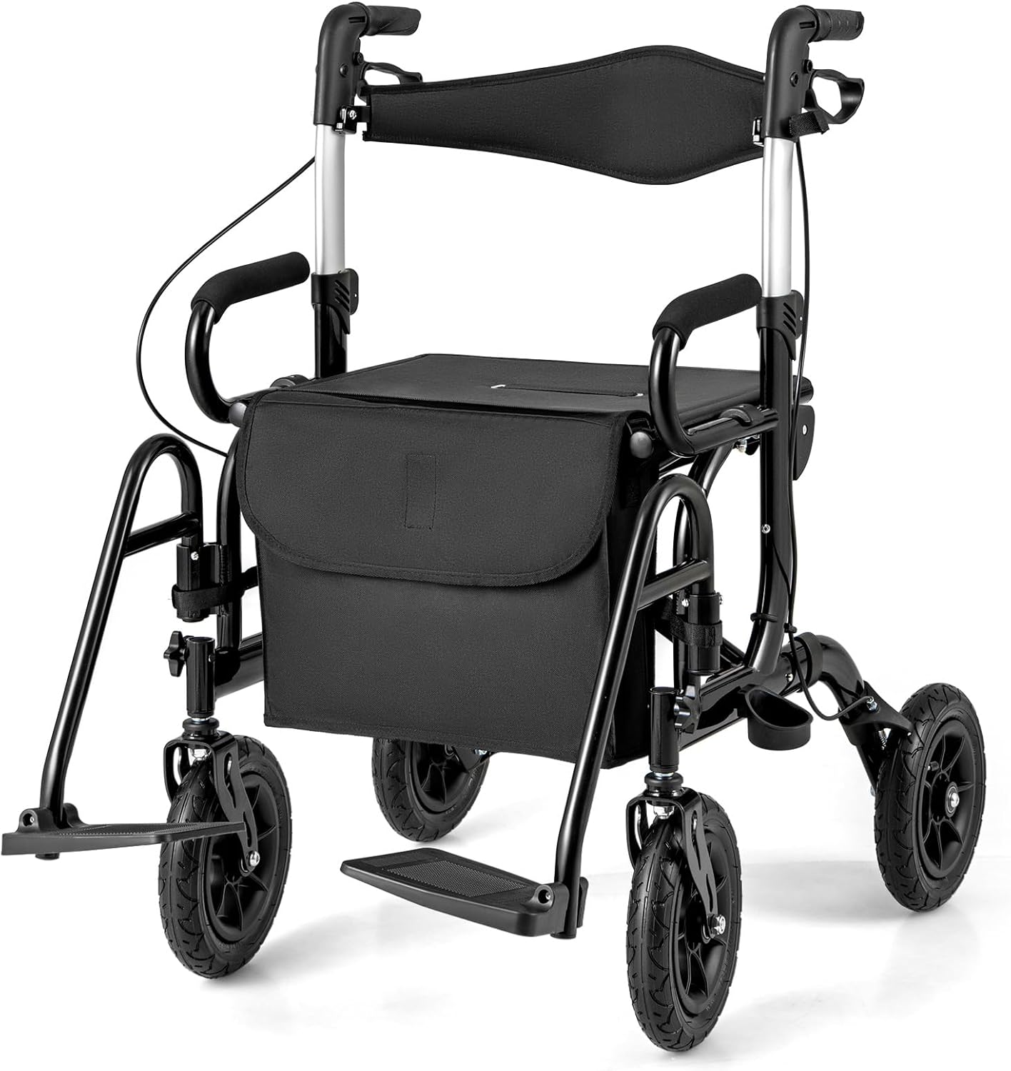 RELAX4LIFE Rollator Foldable and Lightweight with Seat, Aluminum Wheelchair Travel Rollator, 6-Way Height Adjustable, Walking Aid with Stick Holder Bag, Walking Aid with 23 cm Tires for All Terrain