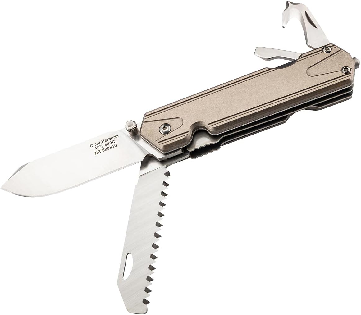 Herbertz Single Hand Knife, 7 Functions, 440C Steel, Rustproof, Liner Lock, Saw, Belt Cutter, Glass Breaker, Pocket Clip, High-Quality Folding Knife, Sharp Pocket Knife