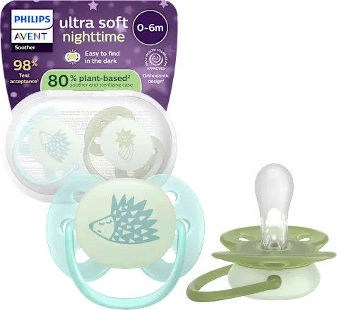 Philips Avent Ultra soft nighttime silicone pacifier, turquoise/green, 0-6 months, 2 pcs