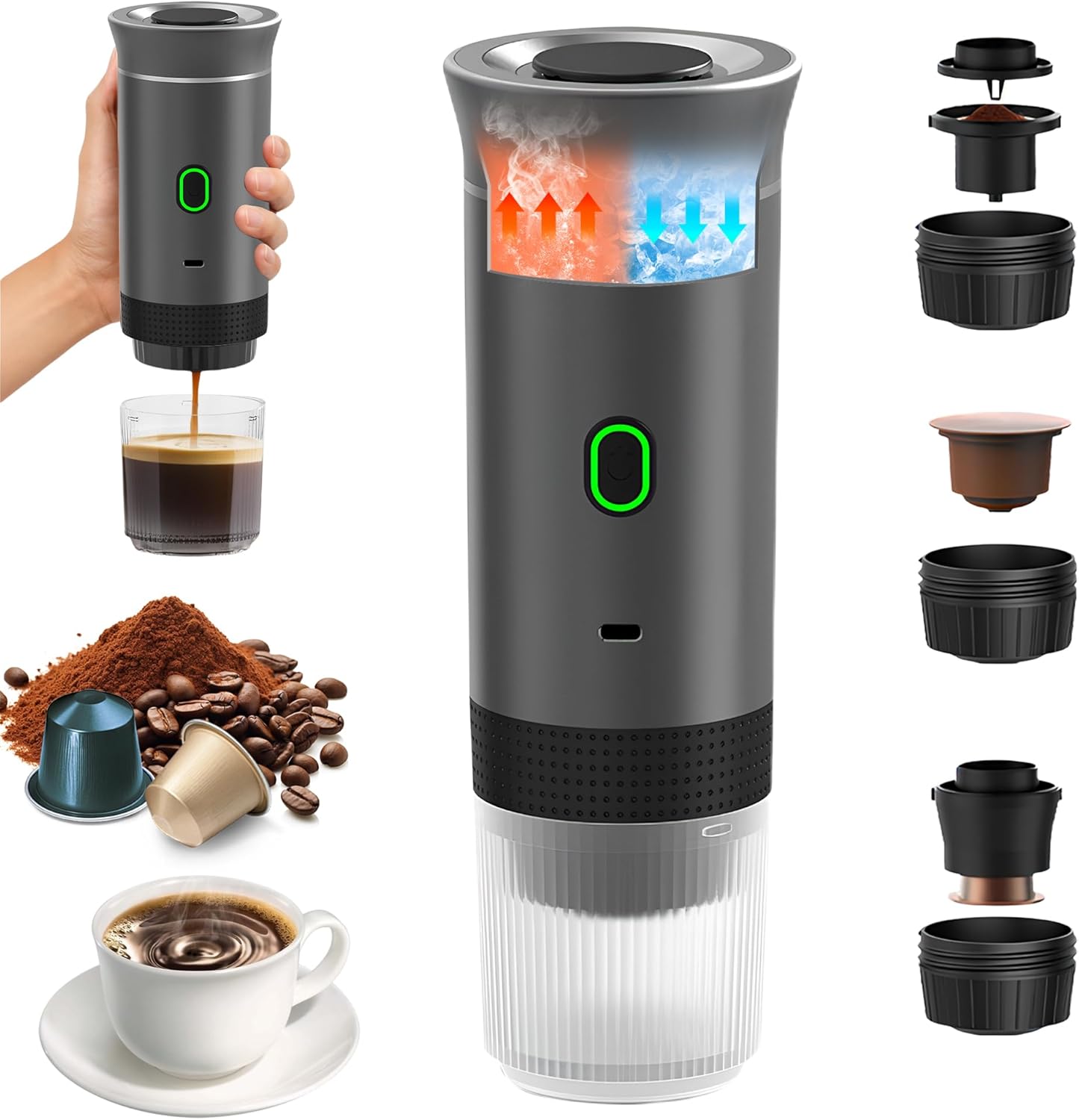 Umisu Portable 3-in-1 Electric Espresso Machine, Capsule Machine and Ground Coffee, Espresso Machine, Electric, Fast Heating, for Office, Travel, Camping, Home (Grey)