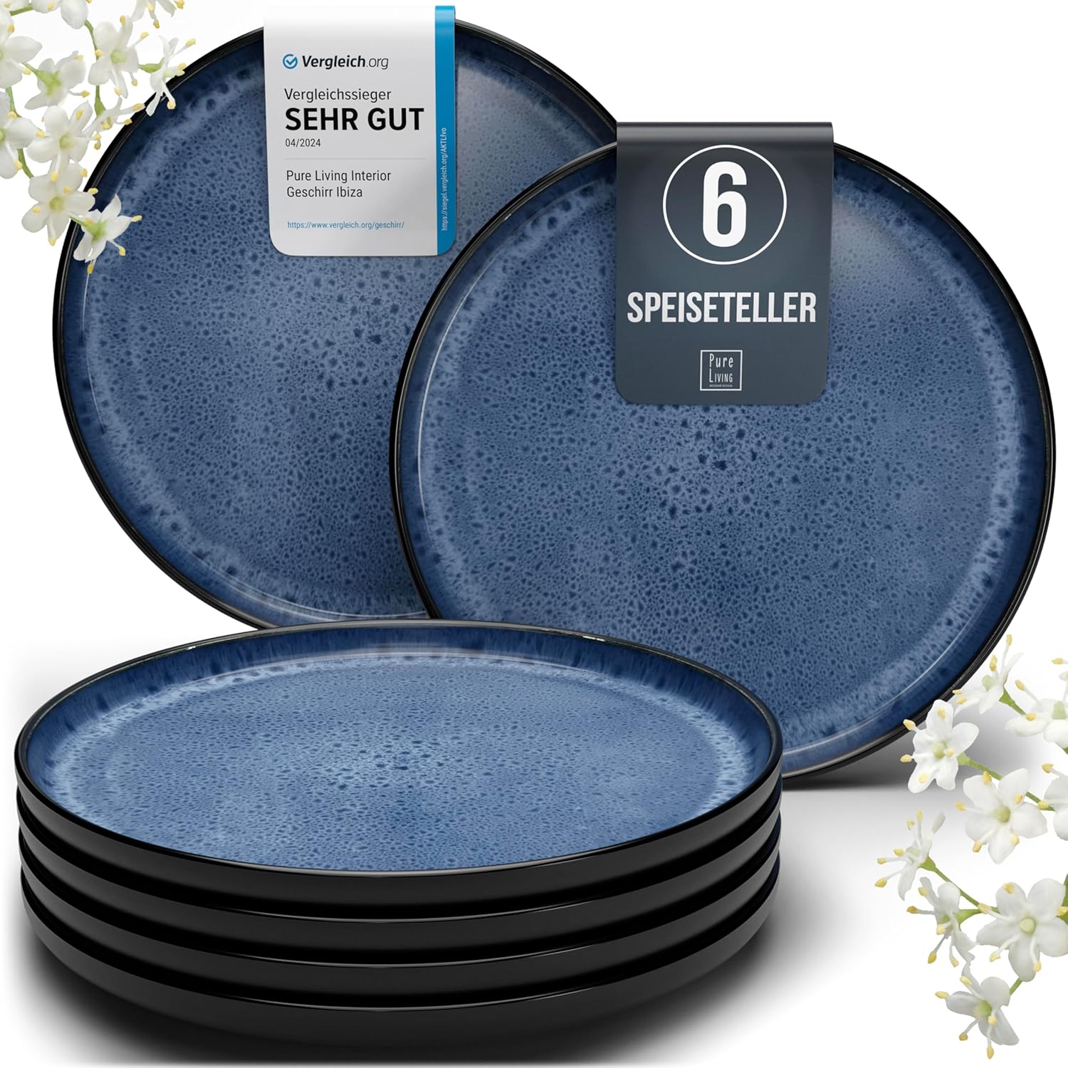 Pure Living Ibiza Stoneware Large Plates for 6 People, Test Winner, Dreamy Mediterranean Stoneware Dinner Plate Set, Stylish Set in Deep Blue