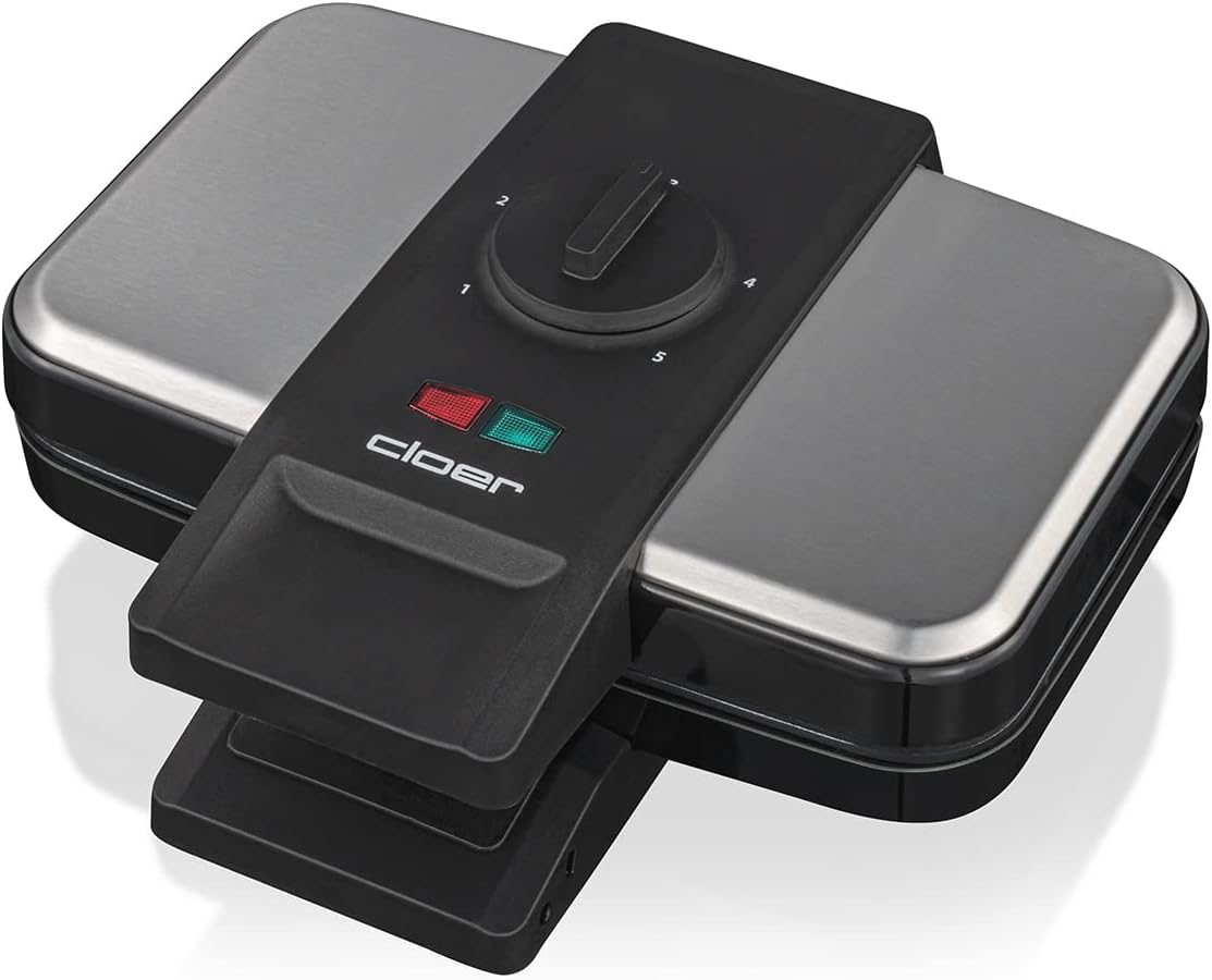 Cloer 1459 Brussels Waffle Iron, 1000 W, Baking Light, Continuously Selectable Browning Degree, Black/Stainless Steel