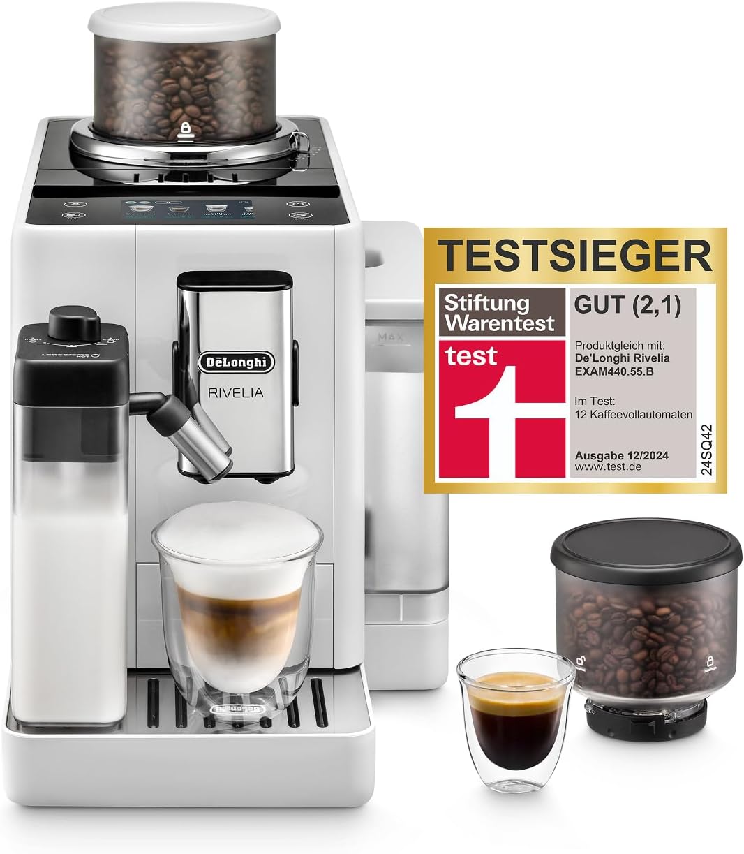 De\'Longhi Rivelia EXAM440.55.W Fully Automatic Coffee Machine, LatteCrema Milk System, Interchangeable Bean Container, 16 Coffee/Milk Drinks, Extra Shot Function, 3.5 Inch Touch Display, White