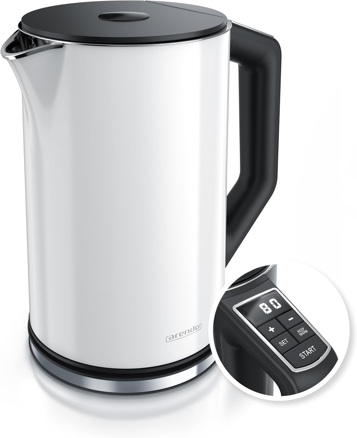 Arendo - Stainless Steel Kettle with Temperature Setting 40-100 Degrees in 5 Steps - Double Wall Design - Elegant Model - 1.5 Liter - 2200 W - Tea Maker with Temperature Display - GS - White
