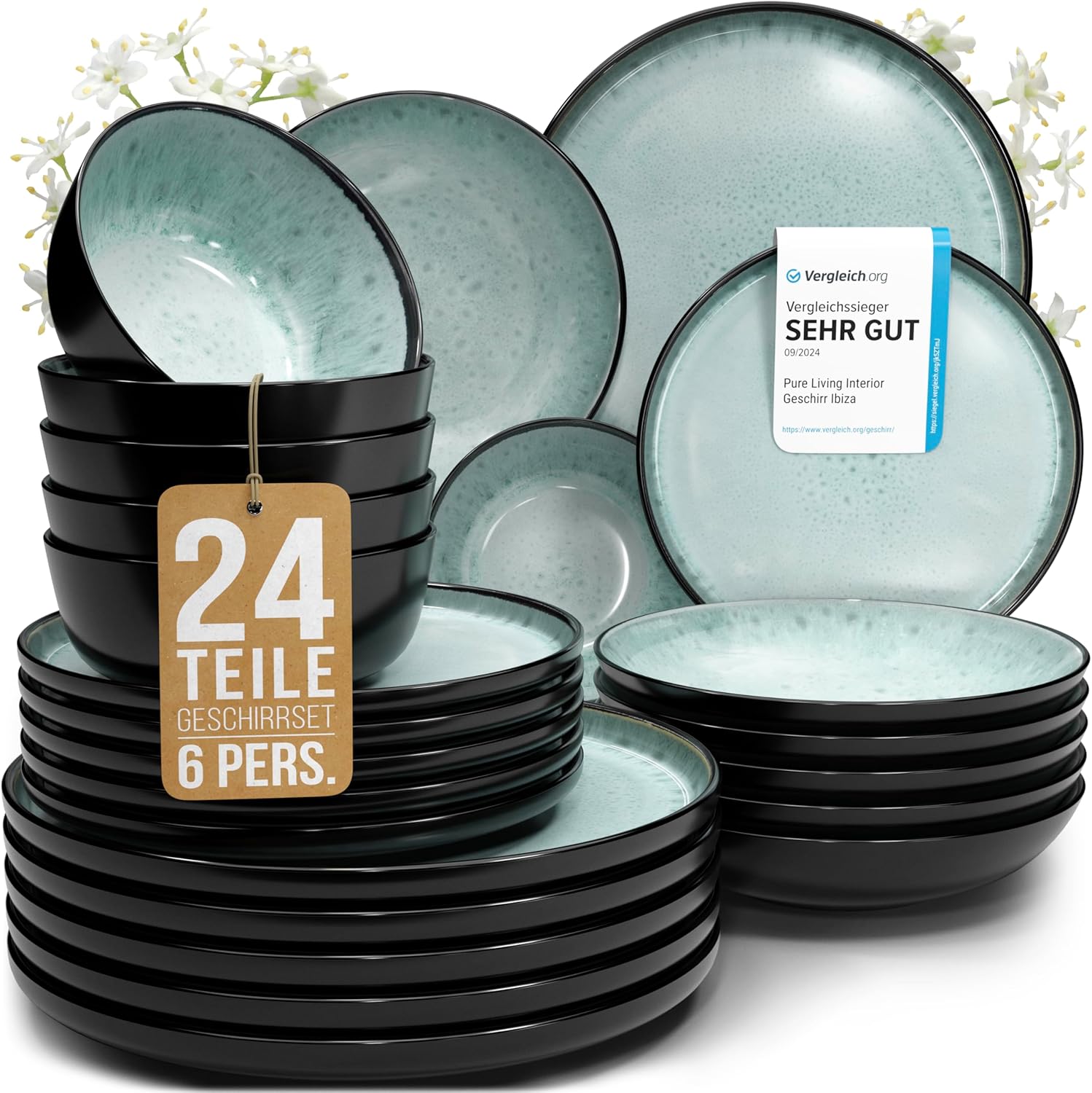 Pure Living Ibiza Stoneware Crockery Set for 6 People, 24-Piece Mediterranean Stoneware Tableware Set, ‘Very Good’ in Test, Bowl and Plate Set, Dinner Service for 6 People, Sage Green