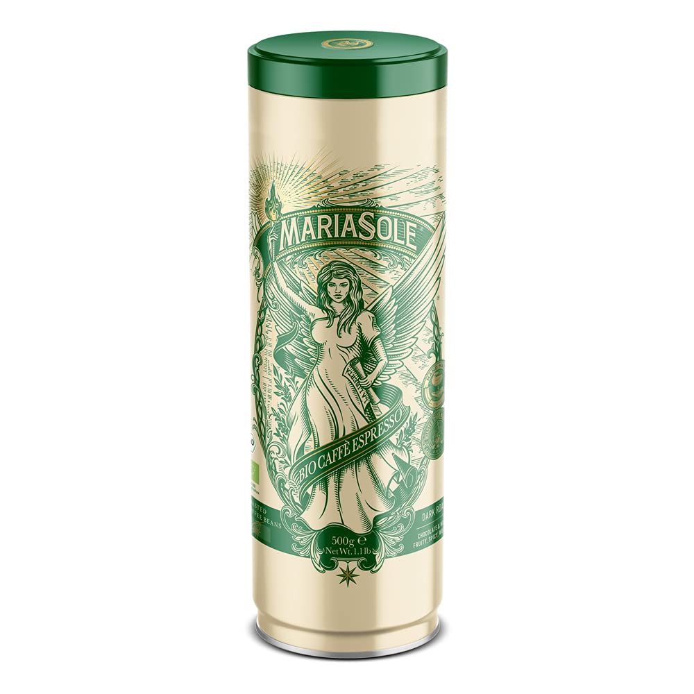 Mariasole Caffè Espresso Organic Coffee Beans - Traditional Roasting in Sicily Over Wood Fire Handmade - Premium Organic Espresso Beans 500 g in High-Quality Coffee Tin for Fully Automatic and