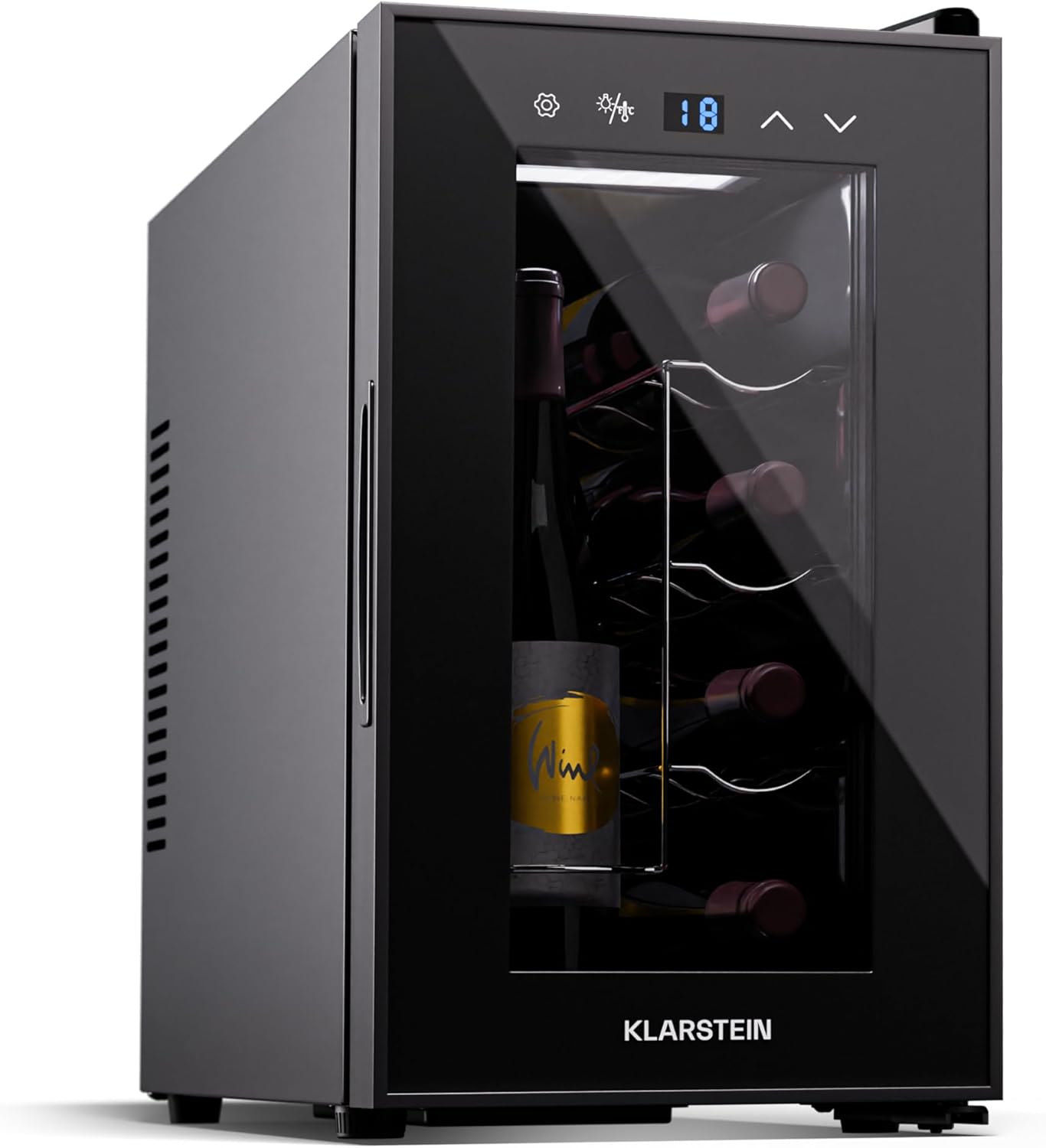 Klarstein Wine Refrigerator, 1 Zone Drinks Fridge with Glass Door, Quiet Indoor/Outdoor Fridge, 21 L Bottle Refrigerator, Small, Wine Cabinet for Drinks, Wine Cooler for 8 Bottles