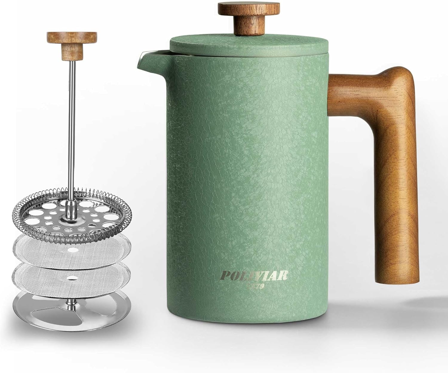Poliviar French Press Coffee Maker 600 ml/21 oz, Double-Walled Insulated Coffee Pot and Tea Maker, Hand Filter Coffee Press with Plunger & Wooden Handle, JX2024-SFPLN-DE