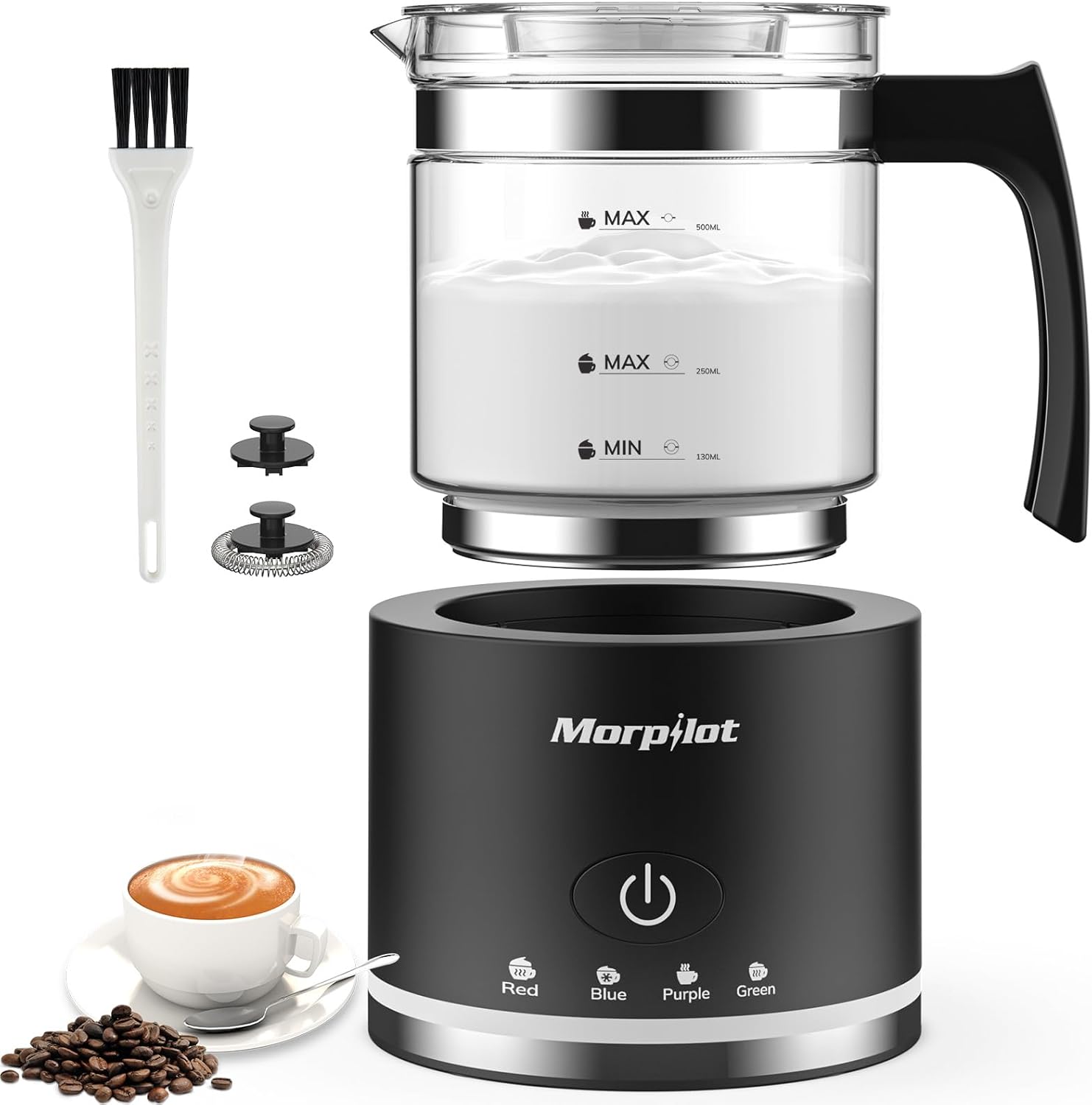 Morpilot Electric Milk Frother, 130-500 ml, 600 W, 4-in-1 Milk Frother for Hot and Cold, Dishwasher Safe, Visual Glass, Latte Design, Black