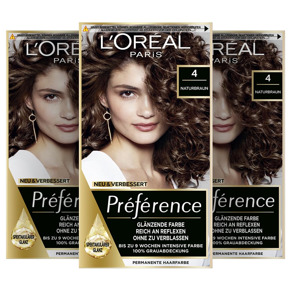 L\'Oréal Paris Permanent Hair Color, Hair Dye Set with Coloration and Shine Protect Conditioner, Préférence, 4 Natural Brown (Tahiti), 3-Pack