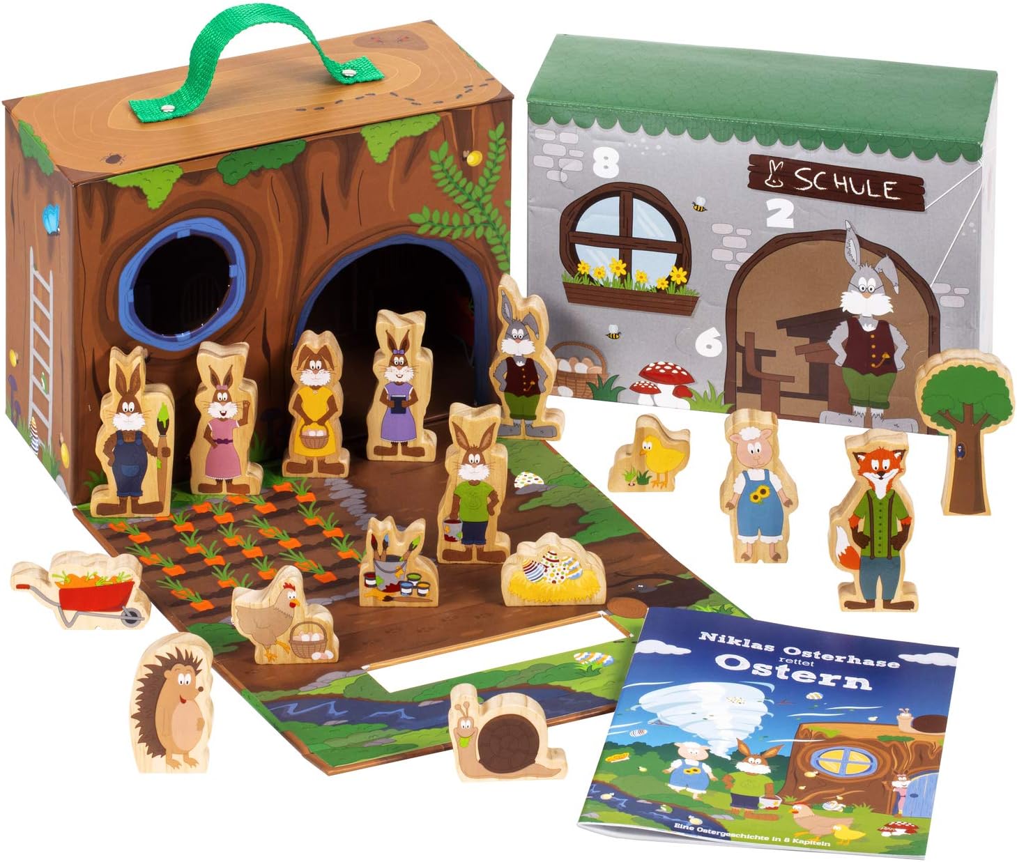 yoamo Easter calendar with play case with 16 wooden figures and Easter bunny story for reading