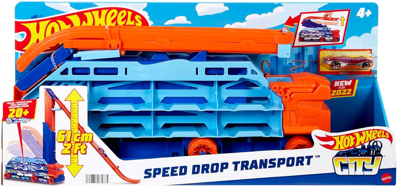 HOT WHEELS City Transporter - with extendable downhill ramp, loading area for 20 vehicles and special wheels - gift for children from 4 years, HDY92