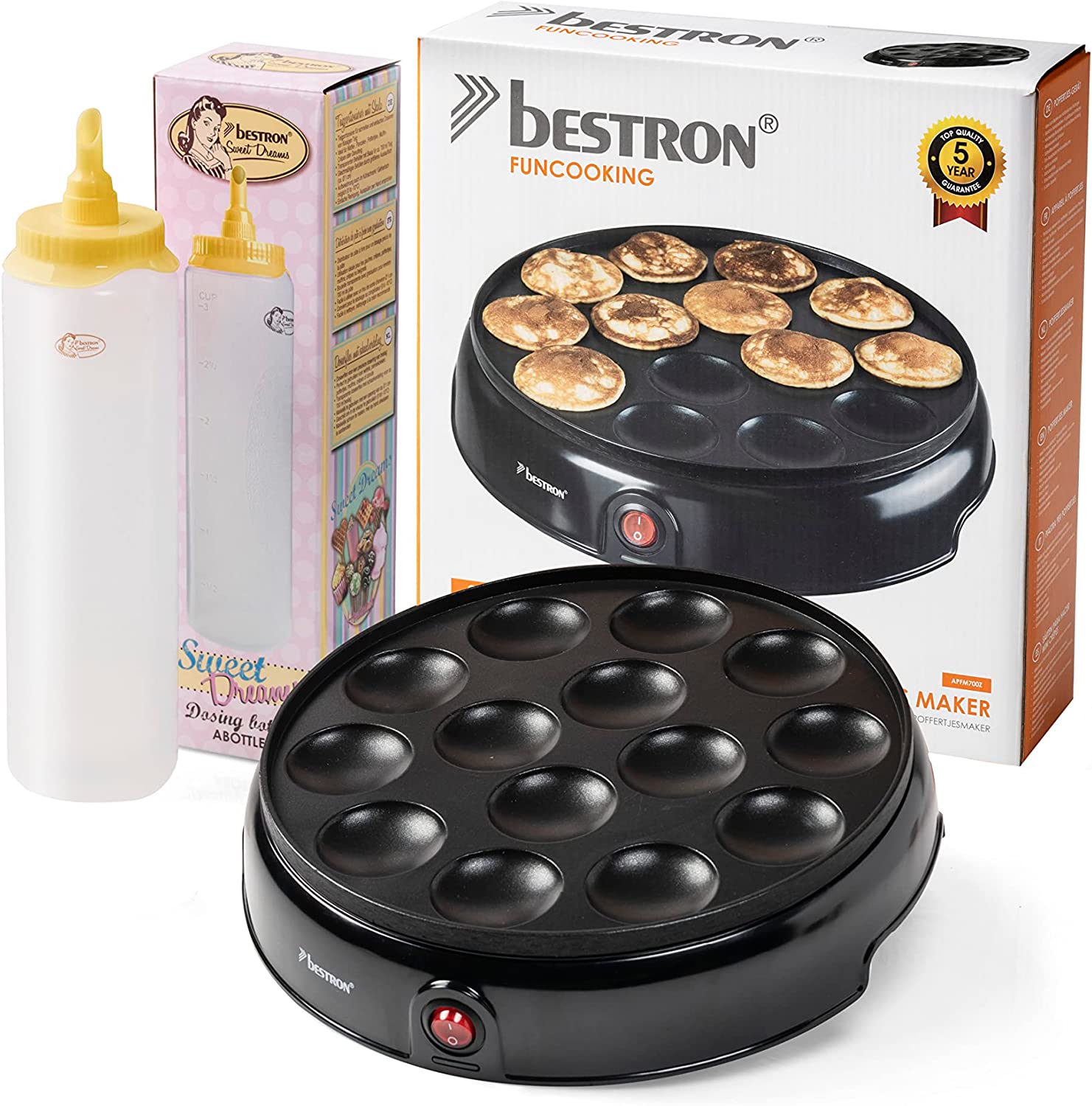 Bestron Poffertjesmaker Value Pack with Dough Bottle for 700 ml, Ideal for festive, Easter or Children\'s Birthdays, Retro Design, 800 Watt, Colour: Black/Yellow