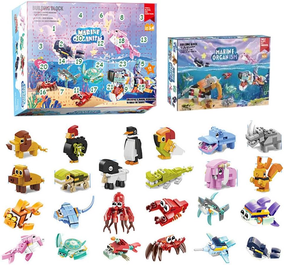 KYLON Sea Animals for Iego Advent Calendar 2024, Advent Calendar Children, 24 Pieces Animals Advent Calendar Set, 24 Small Animals + 2 Large Animals Model Set Christmas 2024 Advent Calendar 2024