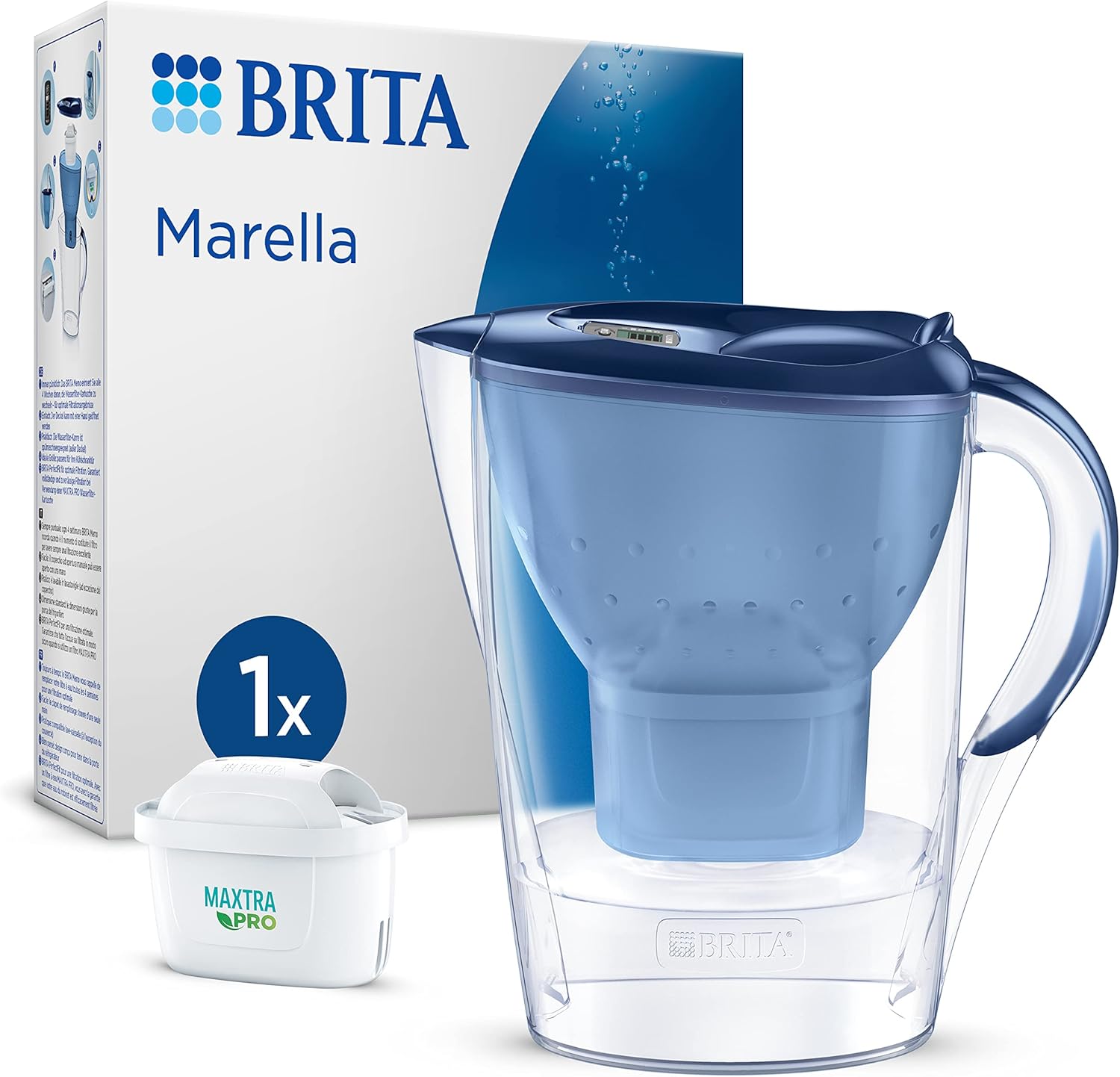 BRITA Marella Water Filter Jug Blue (2.4 L) Including 1x Maxtra Pro All-in-1 Cartridge - Filter Jug for Reducing Limescale, Chlorine, Lead, Copper & Taste-Disturbing Substances in Tap Water