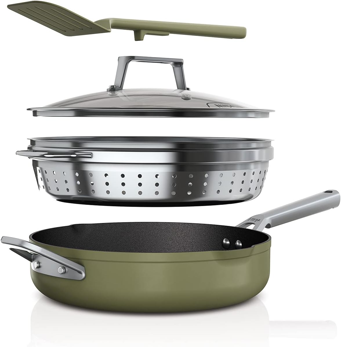 Ninja Foodi 9-in-1 PossiblePan [CW102GNUK] Zerostick Technology, Integrated Steamer/Strainer & Spatula, Non-Stick, Induction Capable, Dishwasher Safe, Olive Green
