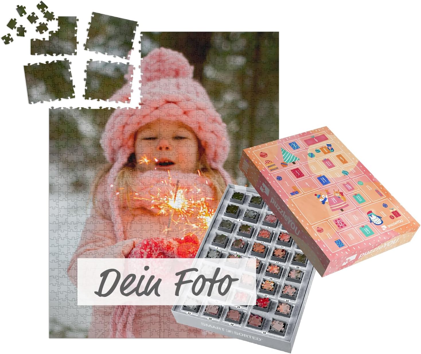Personal Puzzle Advent Calendar – Personalized with Your Own Picture as Photo Puzzle, 1000 Puzzle Pieces Matching Pre-Sorted, Every Day a Matching Puzzle Segment – ​​Design \"Colourful\"