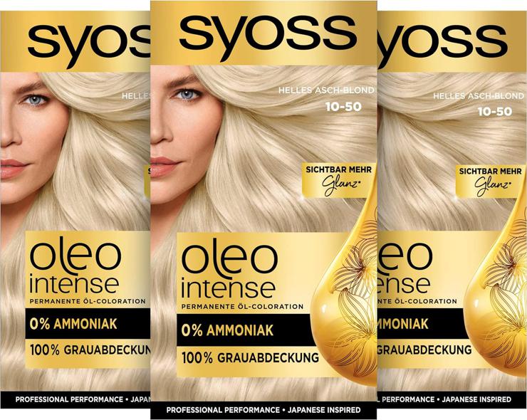 Syoss Oleo Intense Permanent Oil Coloration Hair Color, 10-50 Light Ash Blonde with Nourishing Oil and Ammonia Free, Pack of 3 (3 x 115 ml)