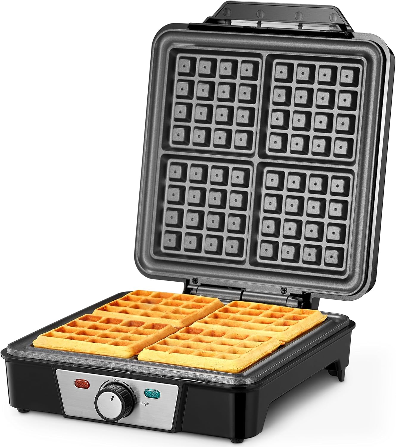 Reemix Waffle Iron for 4 Belgian Waffles, 1200 W Electric Waffle Iron with Non-Stick Plates, Adjustable Temperature and Easy Cleaning, Stainless Steel