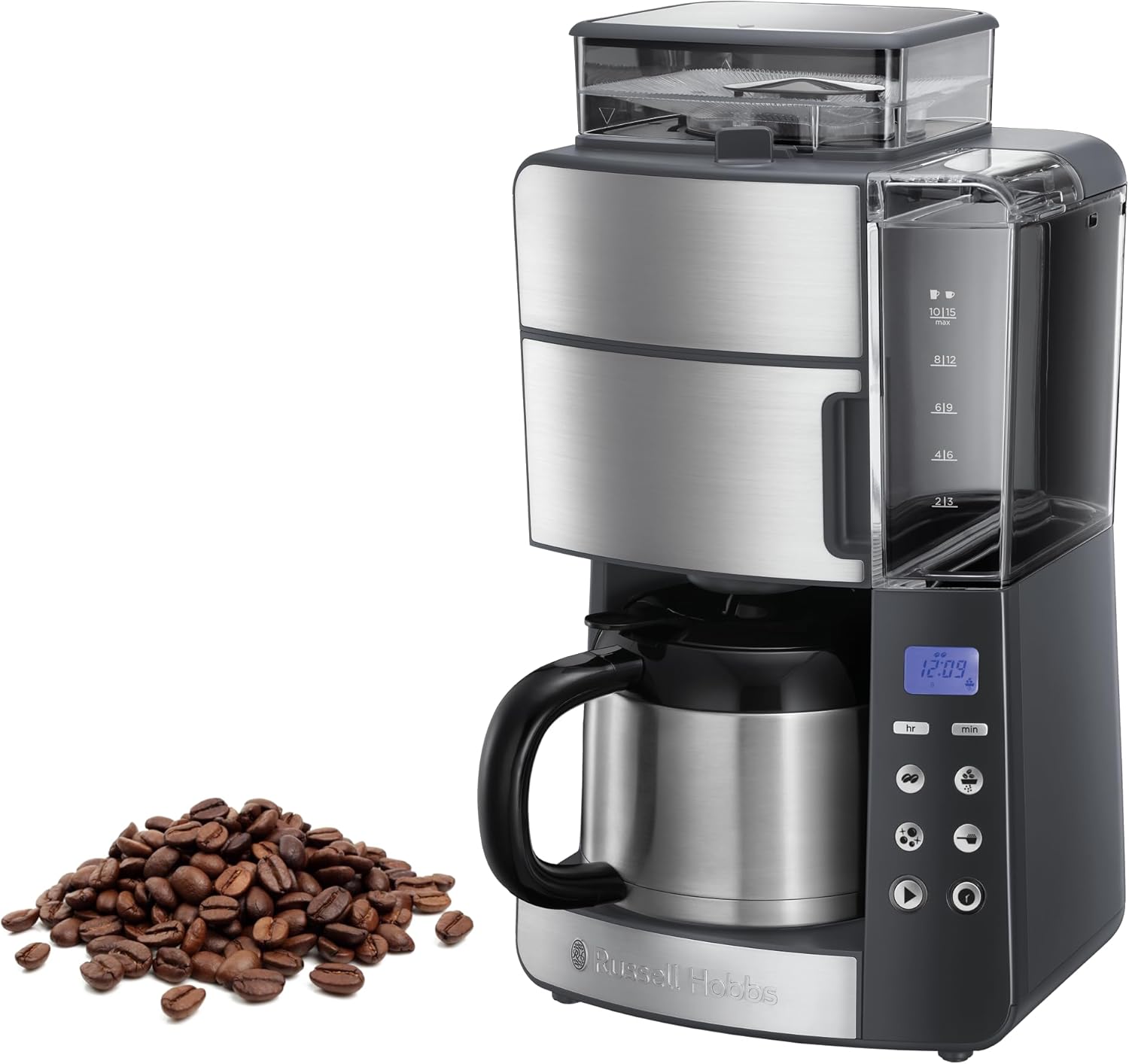 Russell Hobbs Grind & Brew 25620-56 Coffee Machine with Grinder, Thermal Jug, 10 Cups, Digital Programmable Timer, 3-Level Grind Settings, 1000 W, Filter Coffee Machine for Coffee Beans