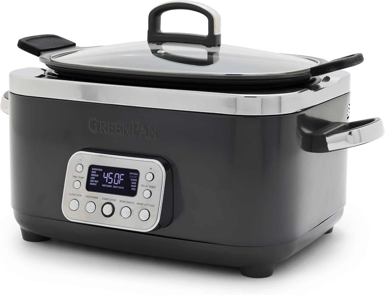 GreenPan Elite 8-in-1 Programmable 6QT Electric Slow Cooker, Dishwasher Safe Lid and Removable Pot, PFAS Free, Healthy Ceramic Non-Stick Multi Cooker, Searing, Braising/Brown