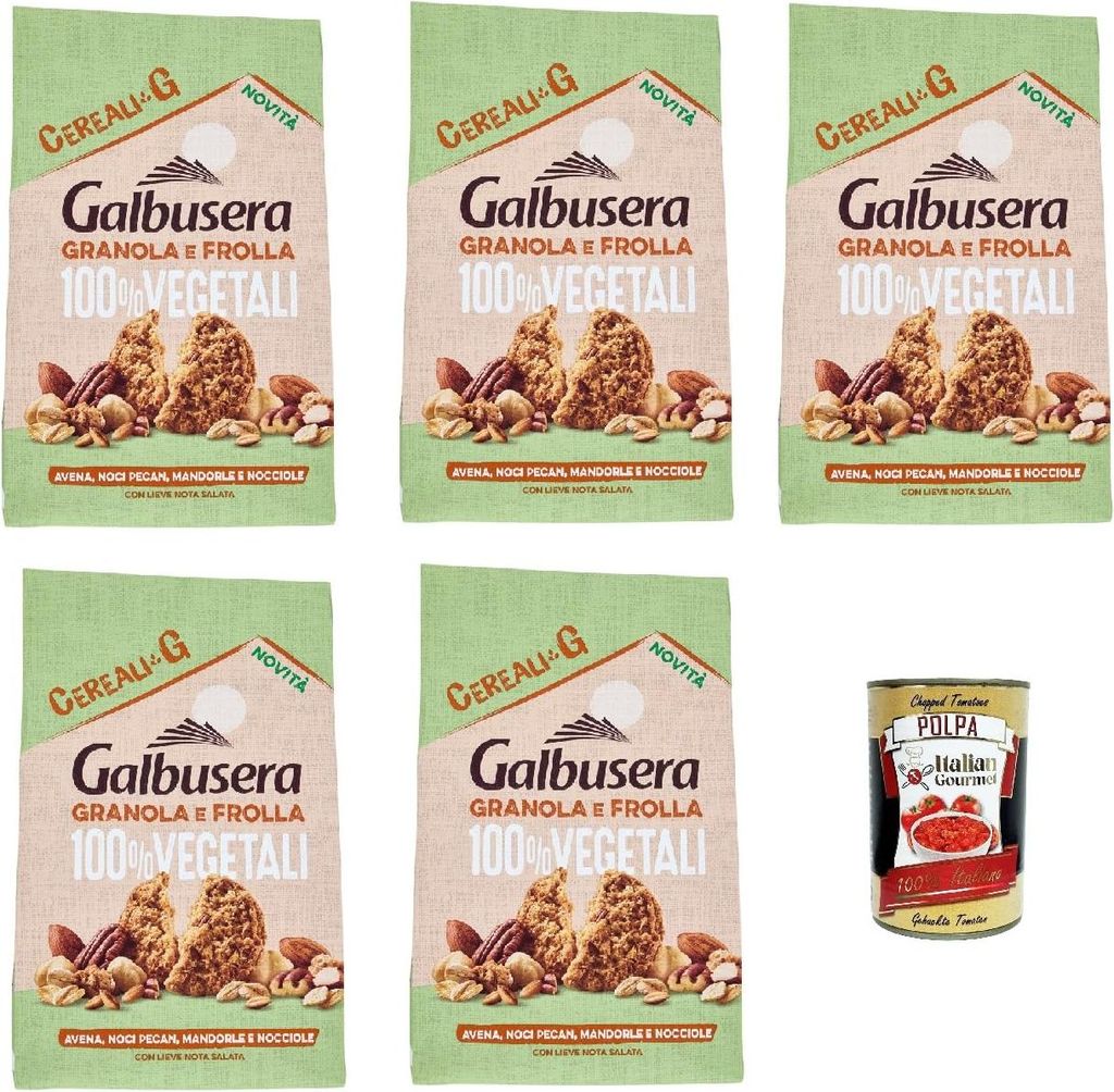 Kellogg Galbusera Cereali G Granola e Frolla 100% Vegetali Avena, noci, mandorle e nocciole 280g, 100% plant-based cookies with oats, pecans, almonds and hazelnuts 5x280g + Italian Gourmet polpa 400gr 2080g