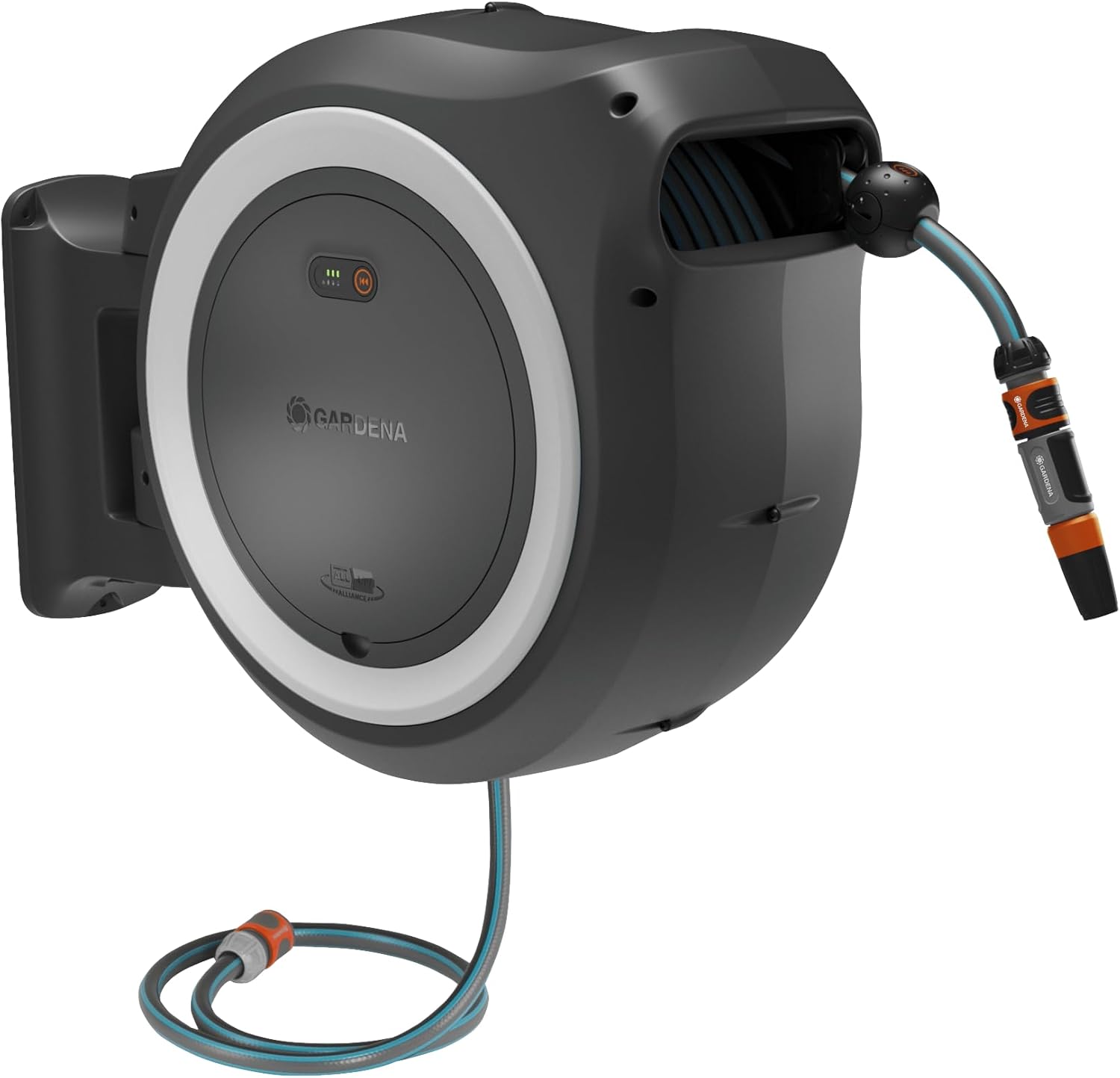 Gardena PowerRoll XXL Cordless Wall Hose Box Ready-to-Use Set: Automatic Hose Reel with 40 m Garden Hose, Hose Guide and RollControll, Complete Set with Battery (18647-20)