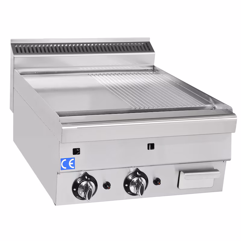 Gas grill plate 600 x 630 mm, half smooth/half grooved